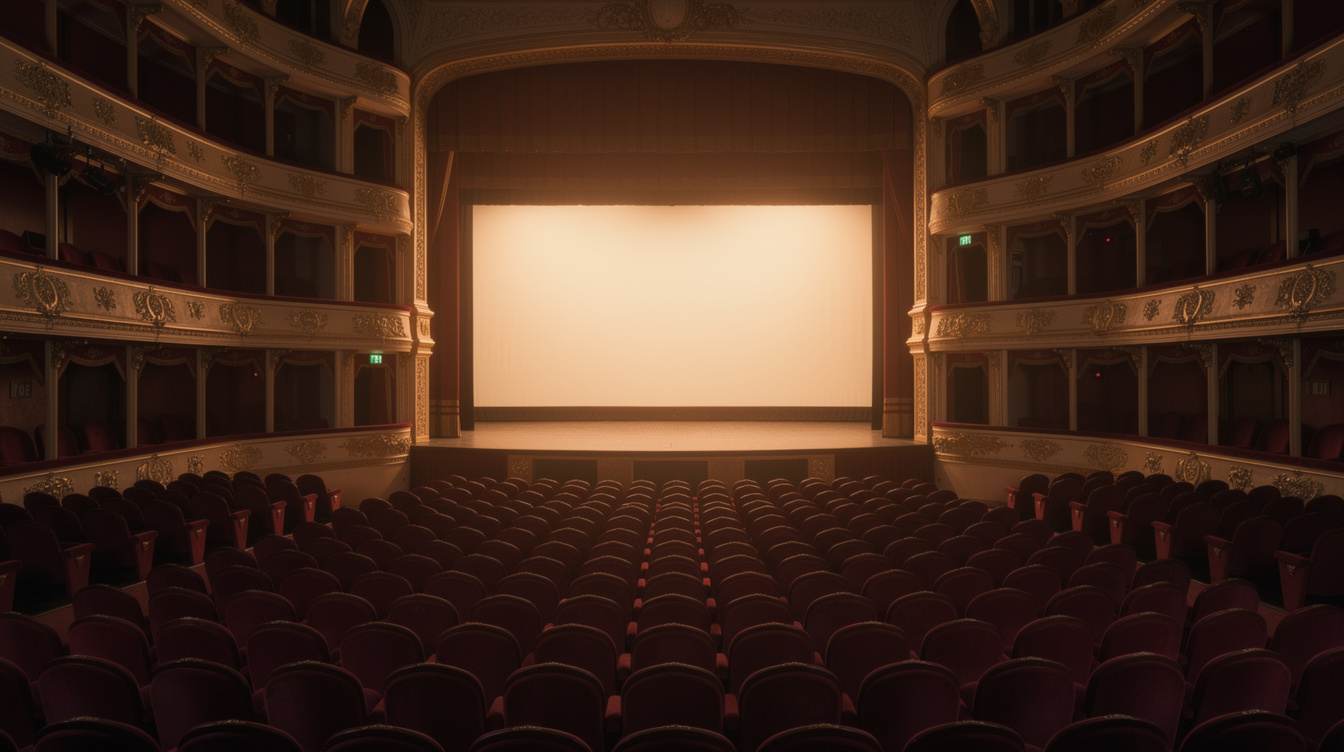 Empty European theatre auditorium bathed in warm ambient light