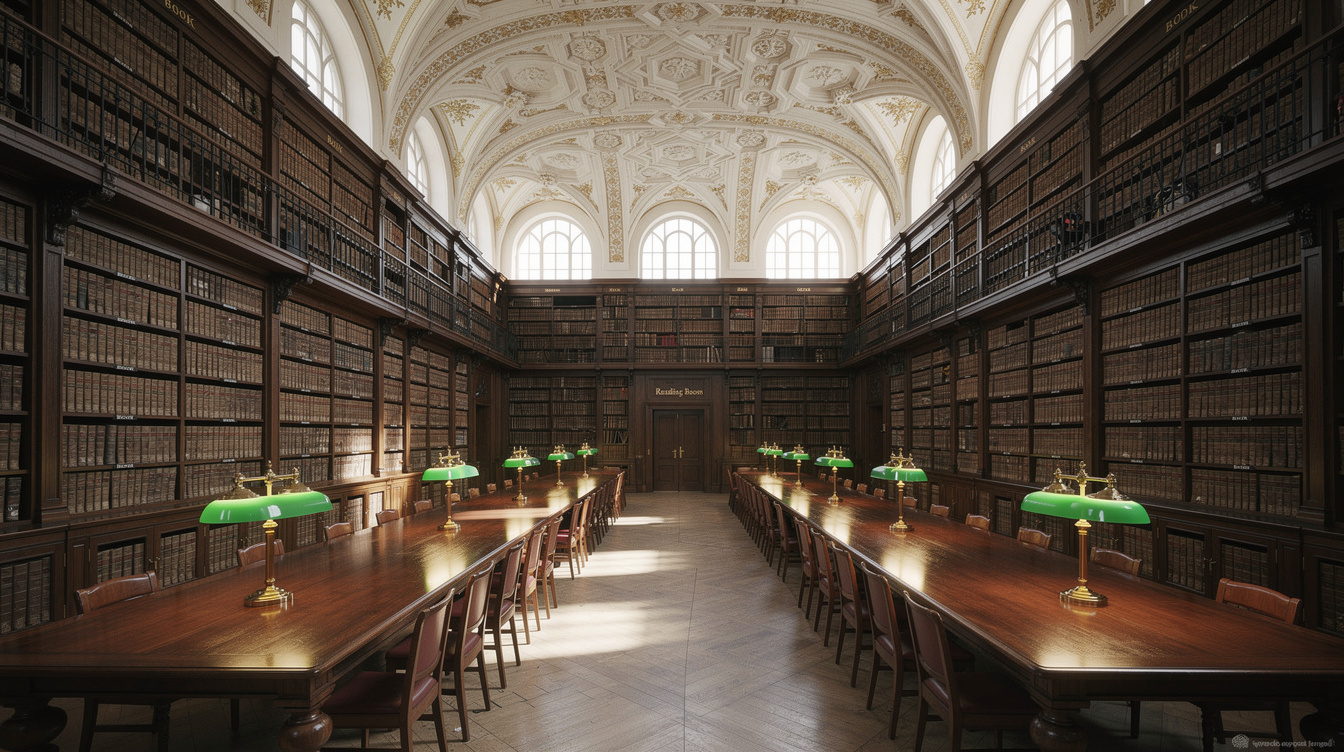 Grand European library reading hall with tall bookshelves